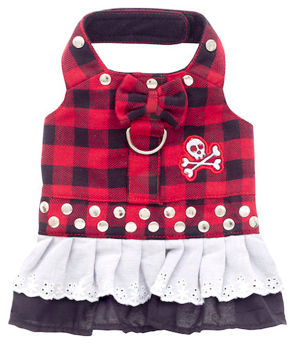 Red Buffalo Plaid Biker Bow Dog Dress, Punk Dog, Biker Dog