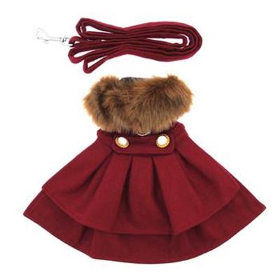 Designer Burgundy Wool Blend Classic Dog Coat Harness and Fur Collar with Matching Leash