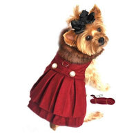 Designer Burgundy Wool Blend Classic Dog Coat Harness and Fur Collar with Matching Leash