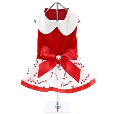 Christmas Candy Cane Rhinestone Dog Dress with D-Ring and Leash