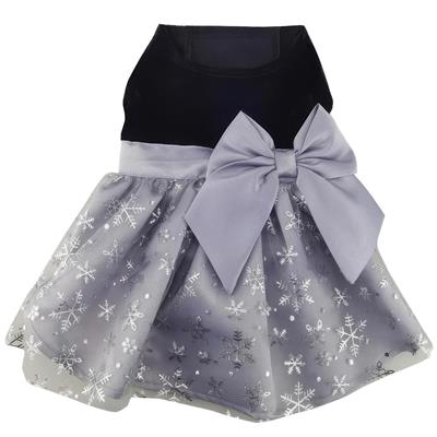 Black Velvet Dog Dress with Gray Snowflake Skirt