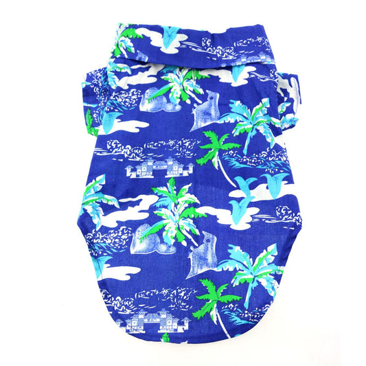 Hawaiian Camp Dog Shirt - Ocean Blue and Palms