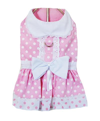 Pink Polka Dot and Lace Dog Dress Set w/Leash and D Ring