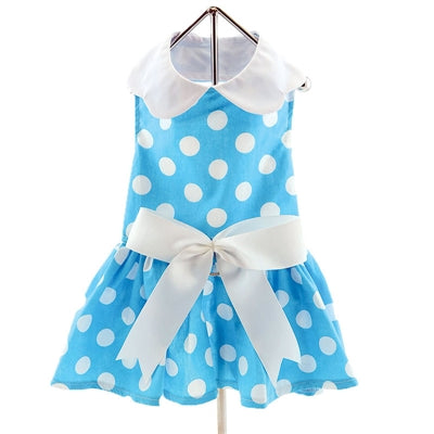 Blue Polka Dot Velcro Dress w/ Leash & D-Ring