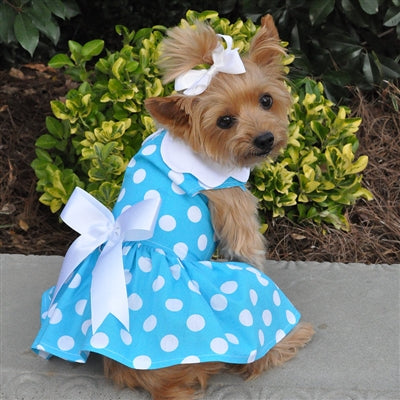 Blue Polka Dot Velcro Dress w/ Leash & D-Ring