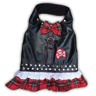 Tartan Plaid Lace Skull Cross Bones Harness Dress, Punk Dog, Rocker Dog