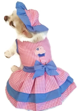 Ice Cream Blue and Pink Gingham Dog Dress, 4 Piece Set